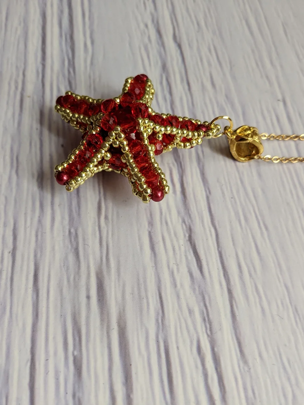 Gold Starfish Pendant Necklace with Red Crystal Accents - Women Jewelry